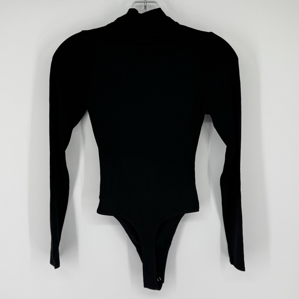 GOOD AMERICAN Ruched Turtleneck Bodysuit Black Long Sleeve High Neck Thong 0/SM - Picture 6 of 9